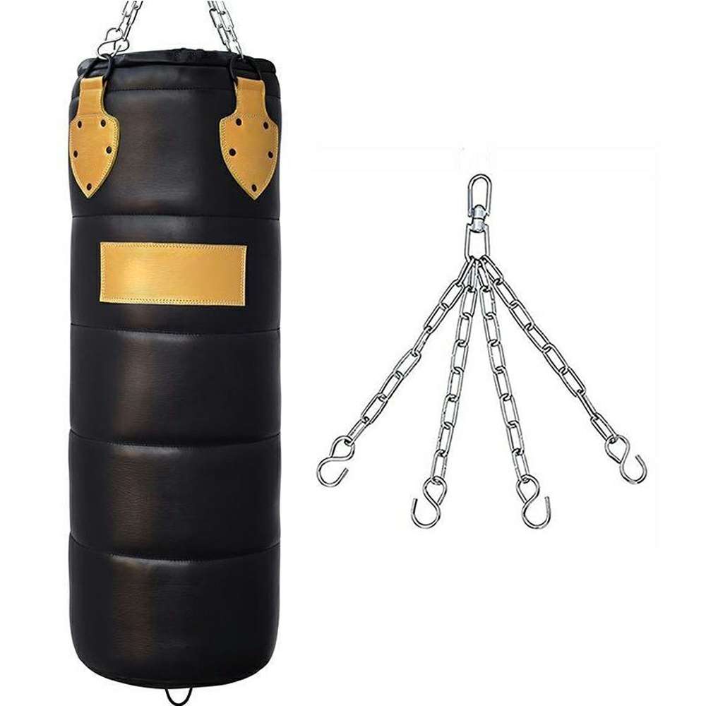 Black Segmented Hanging Heavy Bag with Tan Leather Hanger Patches and Chain Suspension